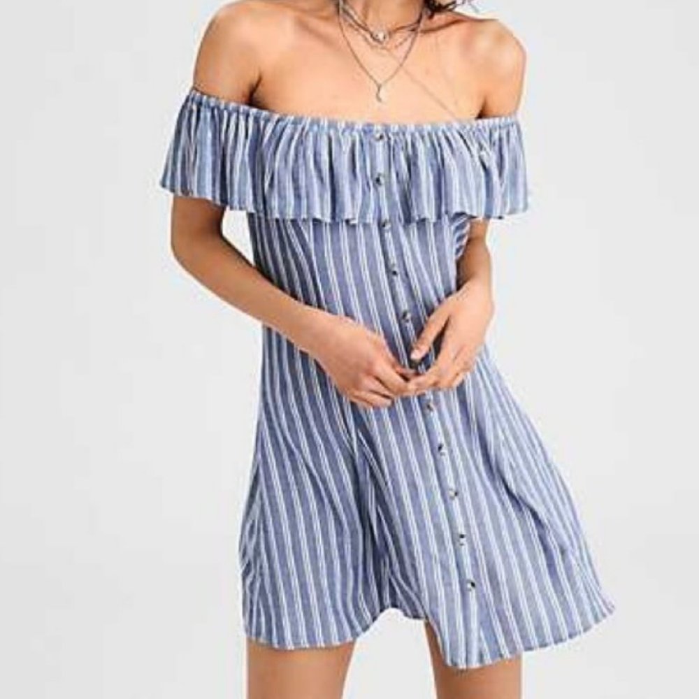 American Eagle Blue and White Striped Button Down Mini Dress - Size Small